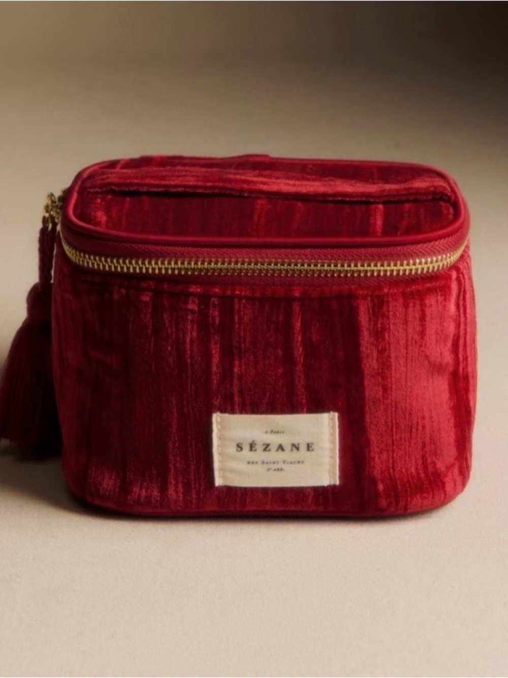 Sézane Deep Red Velvet Cosmetic Case with Tassel
